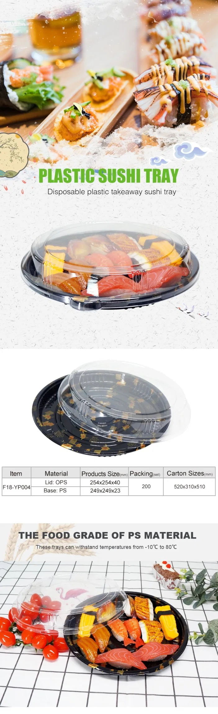 FDA/EU Free Sample Round/Rectangle/Boat Shape Plastic Food Sushi Packaging Box